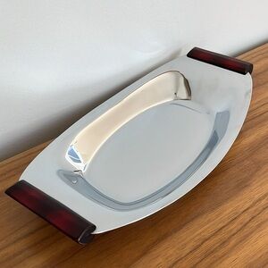 VINTAGE Chrome Flat Bottom Serving Tray with Red Handles Mid-Century 60's
